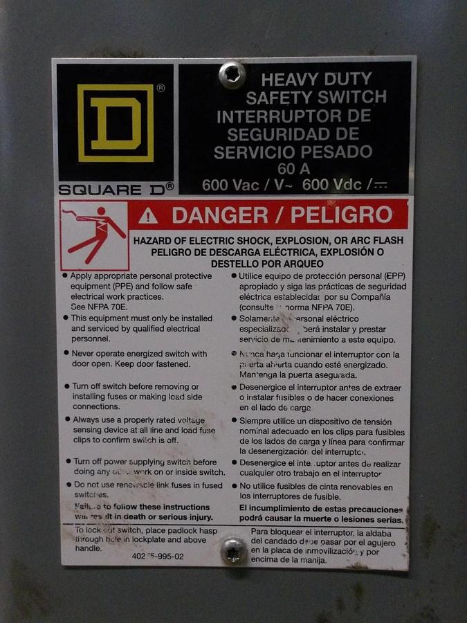 Used SQUARE D 60 A SAFETY SWITCH H362NRB, 600 V, #35154G NEW