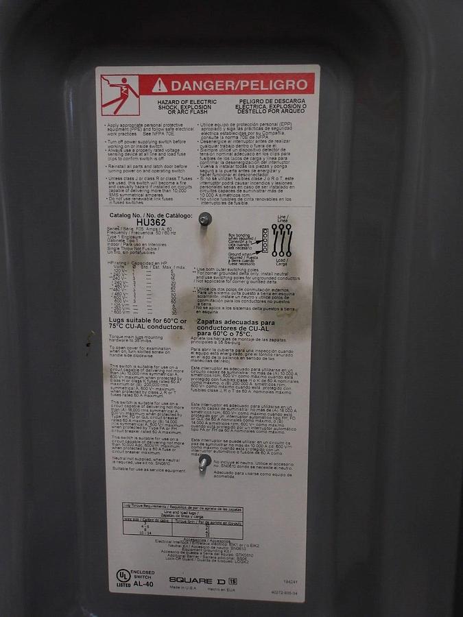 Used SQUARE D 60 AMP SAFETY SWITCH HU362, 600 V, #3181145G NEW
