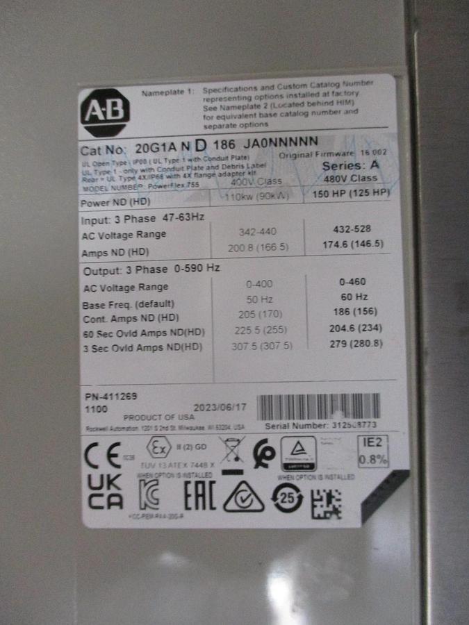 Used ALLEN BRADLEY POWERFLEX 755 DRIVE 150 HP, 20G1AN-D186JA0NNNNN, #331237J NEW