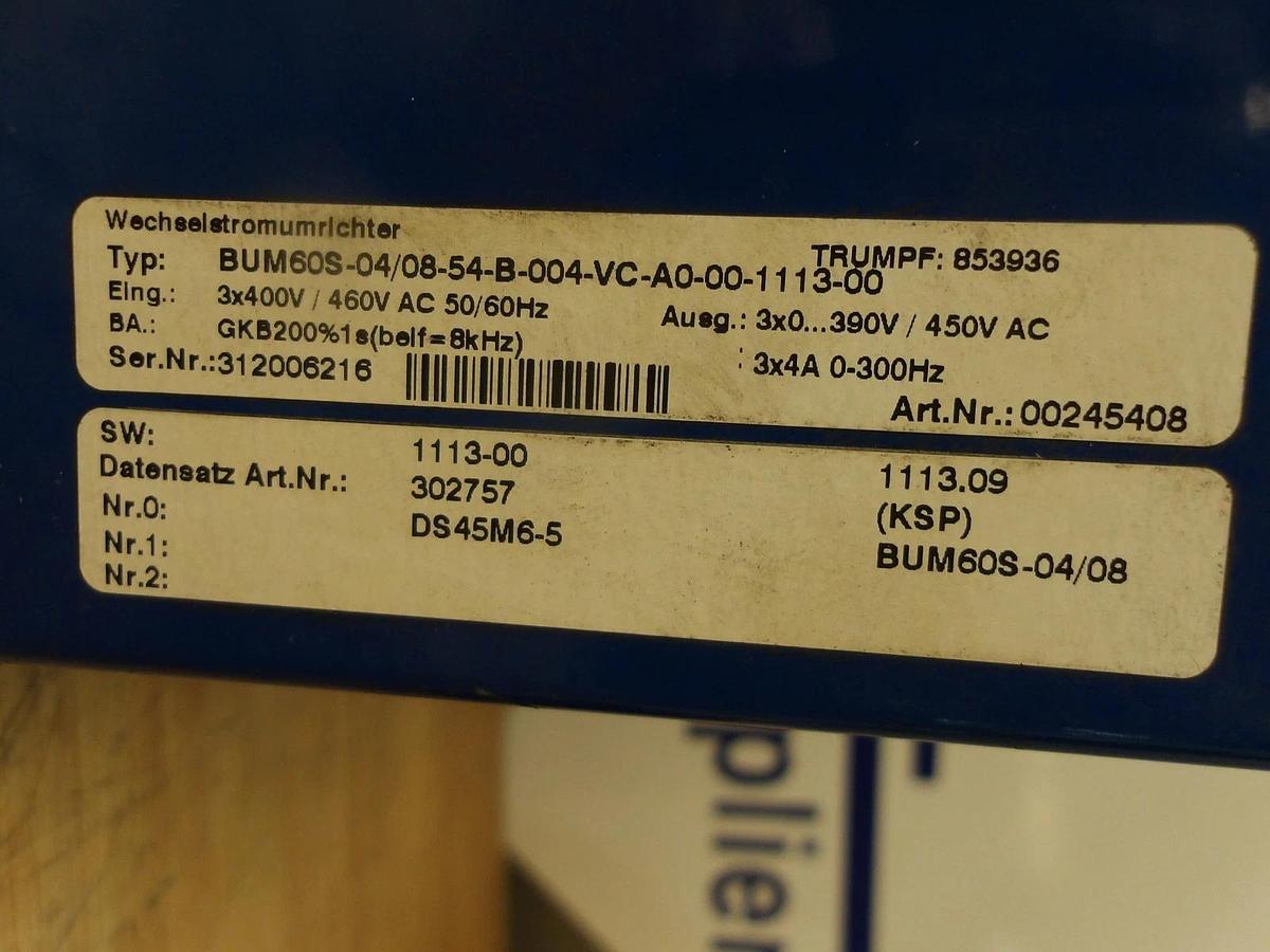 Used TRUMPF BUM60-04/08-54-B-004-VC-AO-00-1113-00 MOTOR CONTROLLER, #713213G PARTS