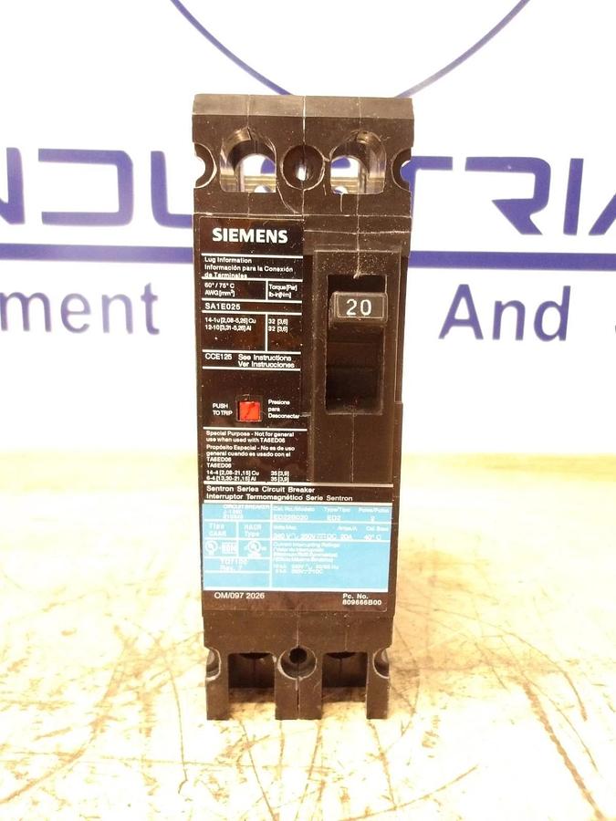 Used SIEMENS 20 AMP CIRCUIT BREAKER, 240-250 V, #512146G NEW