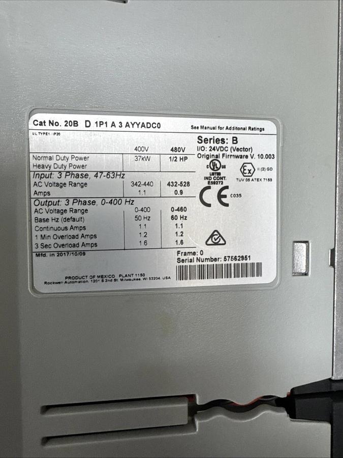 Allen Bradley Powerflex 700 1/2HP Cat#20BD1P1A3AYYADC0. #271038P
