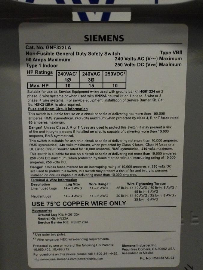 Used SIEMENS 60 AMP ENCLOSED SWITCH, 220AC-250DC V, #512953G NEW