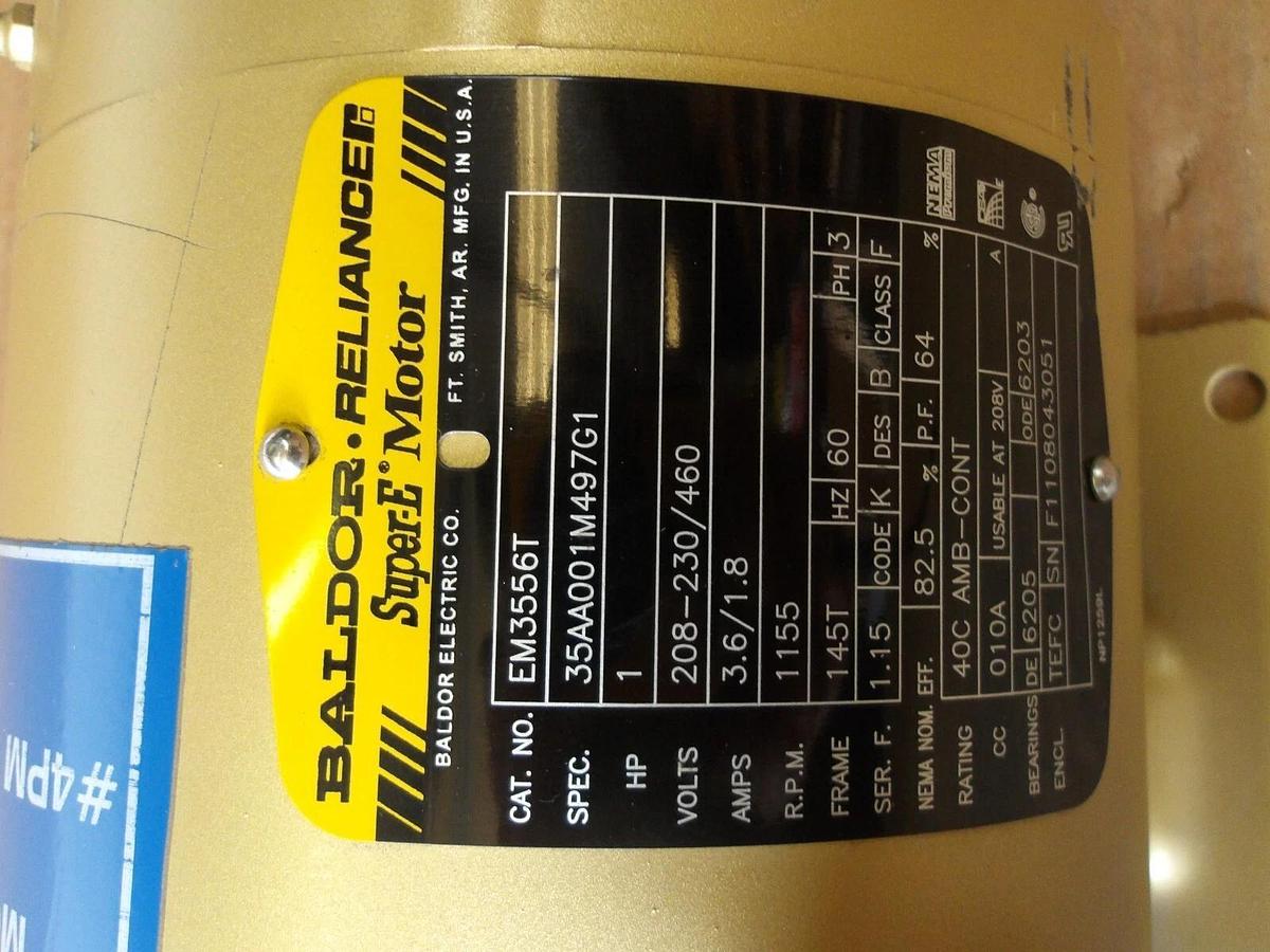 Used BALDOR SUPER-E 1 HP MOTOR, FR 145T, 1155 RPM, 208-230/460 V, #114915G NEW