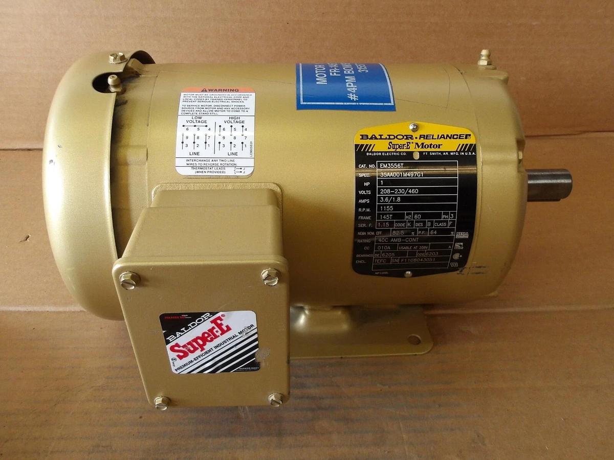 Used BALDOR SUPER-E 1 HP MOTOR, FR 145T, 1155 RPM, 208-230/460 V, #114915G NEW