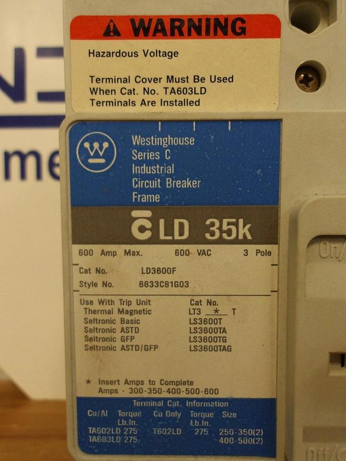 Used WESTINGHOUSE 500 AMP BREAKER 600 VAC, 3 POLE, #2211214G NEW