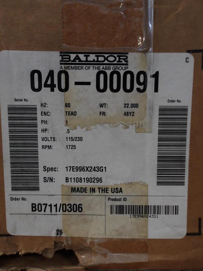 BALDOR RELIANCE .5 HP MOTOR, 1 PHASE, 115/230 V, 1725 RPM, FR 48YZ, #69933G NIB