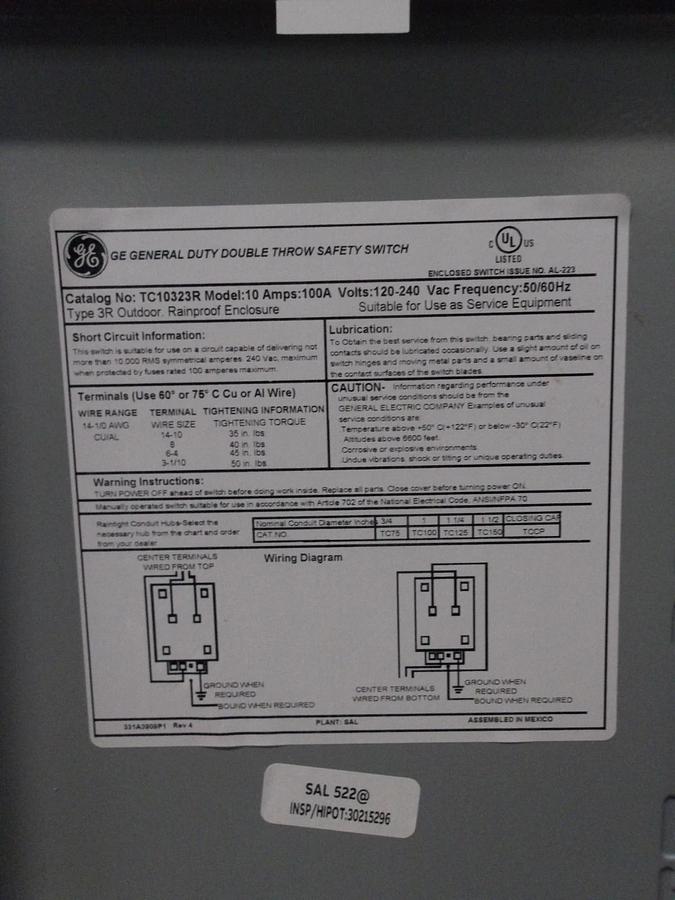 GE 100 AMP POWER TRANSFER SWITCH 120-240 V, DOUBLE THROW, #581042G NIB