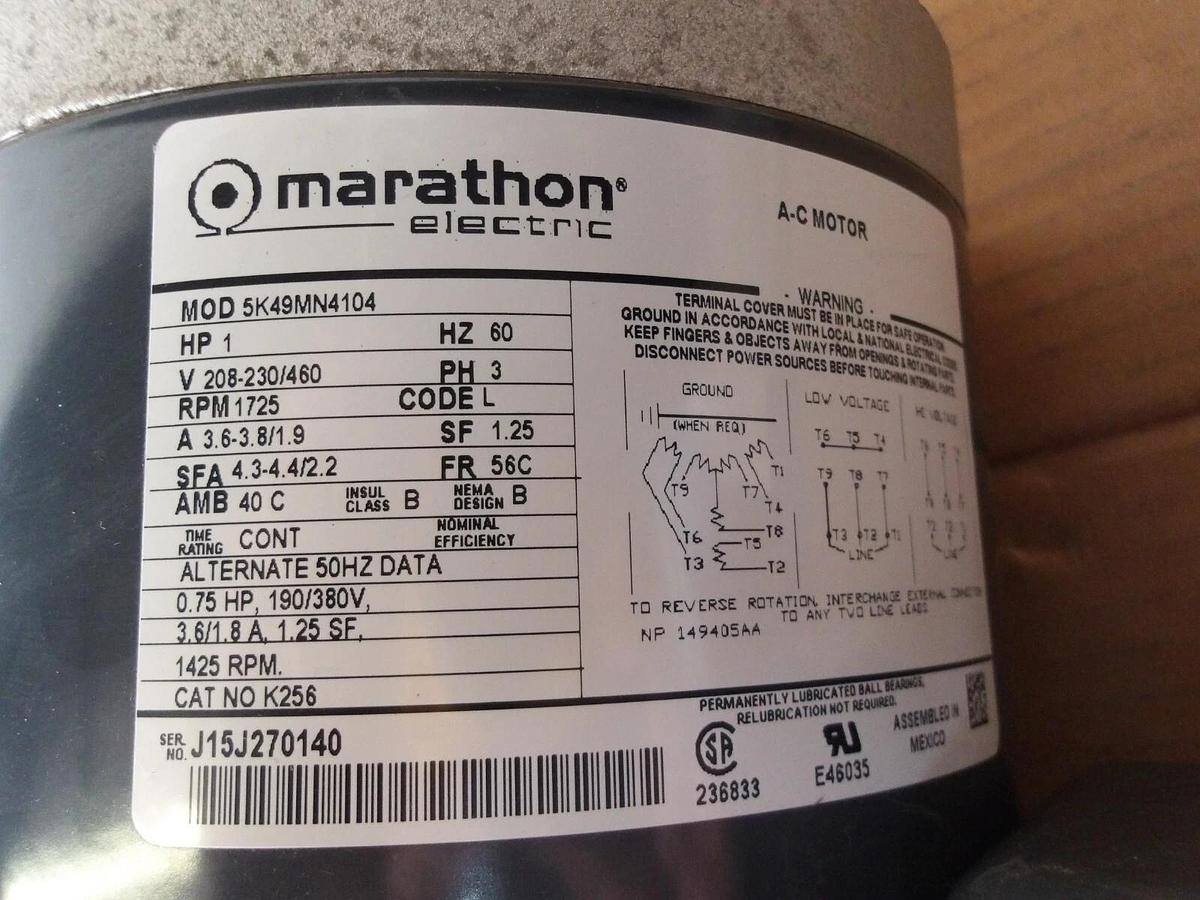 Used MARATHON 1 HP AC MOTOR, FR 56C, 1725 RPM, 208-230/460 V, #114900G NEW