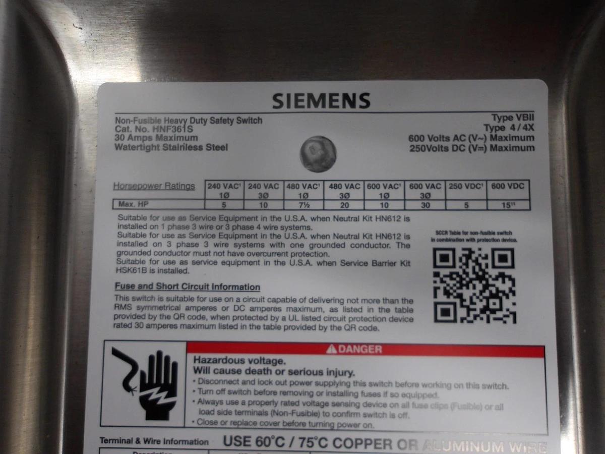 Used SIEMENS 30 AMP S/S SAFETY SWITCH 600/250 V, #716842G NEW