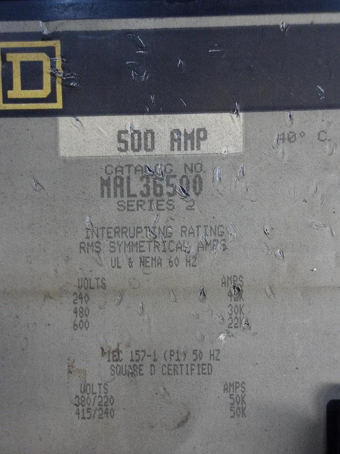 Used SQUARE D 500 AMP CIRCUIT BREAKER MAL36500, #3301038G USED