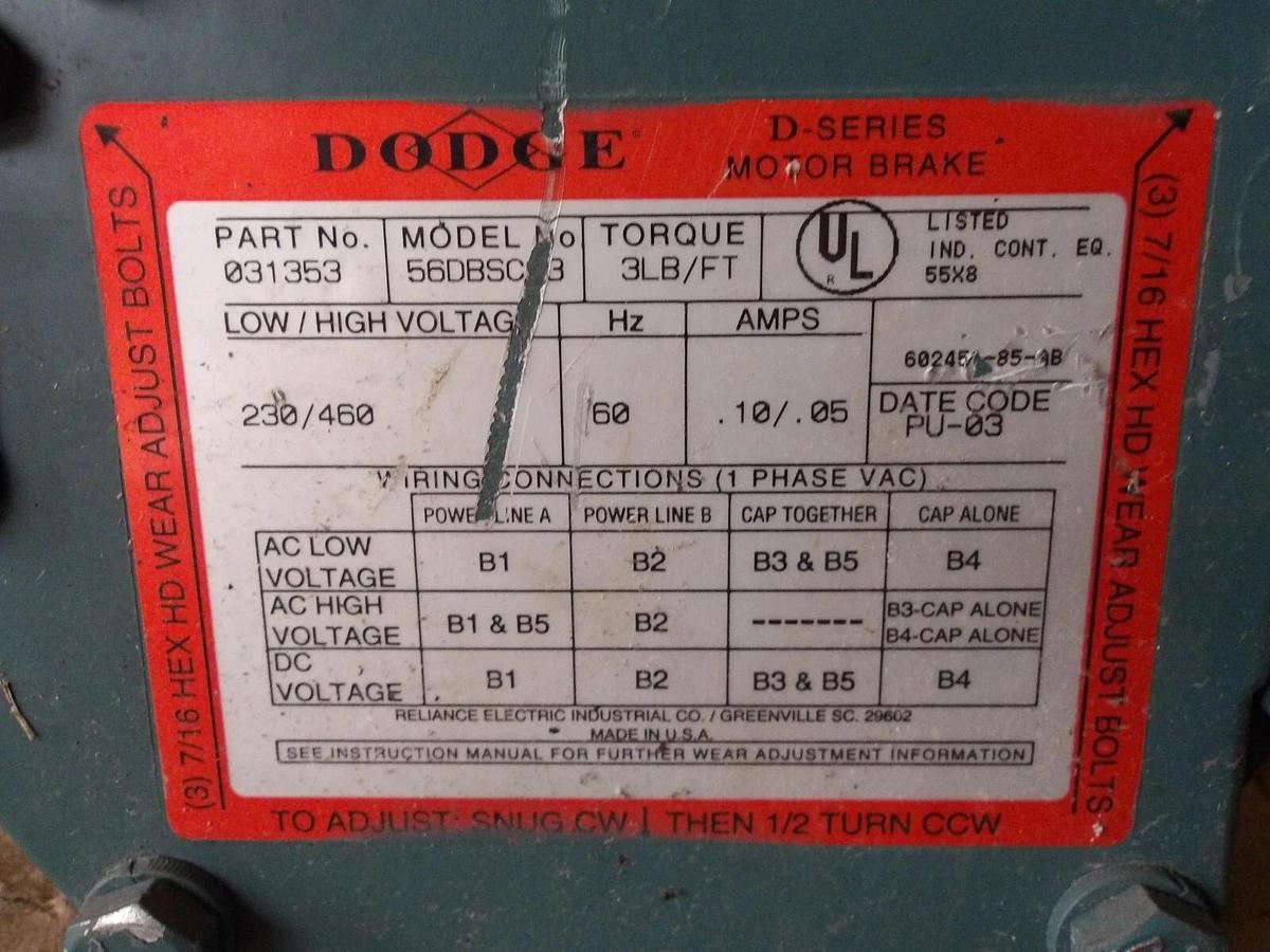 Used RELIANCE 1/2 HP DUTY MASTER AC MOTOR W/ BRAKE, FR FB56, #1011120G NEW