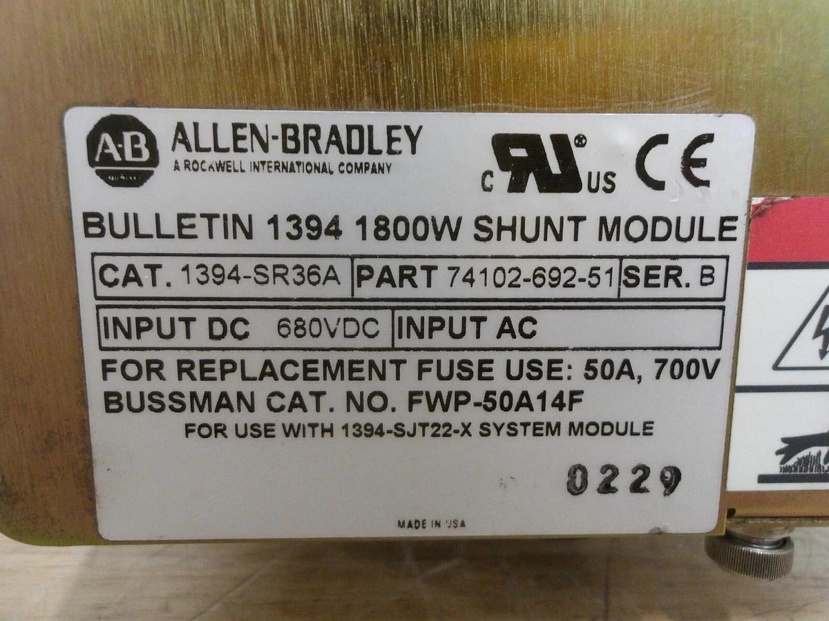 Used ALLEN BRADLEY 1394-SR36A DIGITAL SERVO CONTROLLER, 1800W SHUNT, #416136G USED