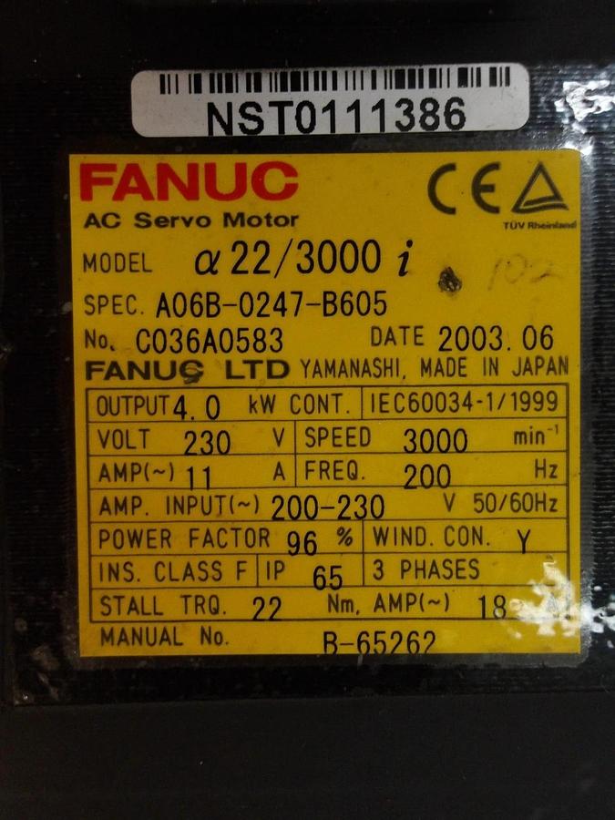 Used FANUC A06B-0247-B605 AC SERVO MOTOR, 3000 RPM, #528850G REMANUFACTURED