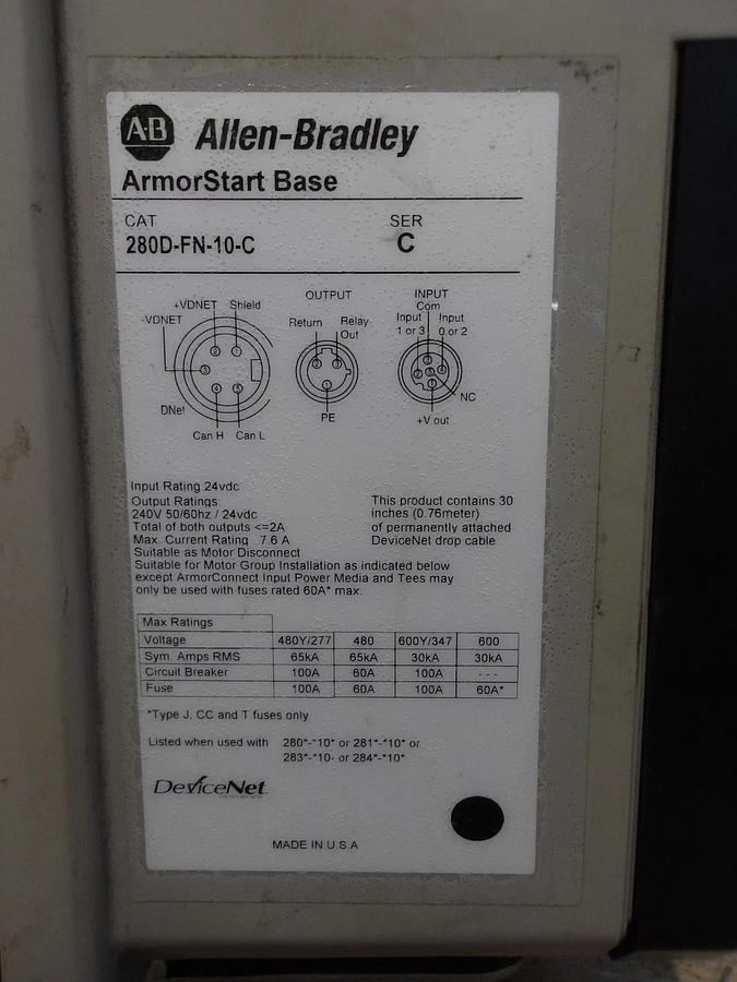 Used ALLEN BRADLEY ARMORSTART UNIT 280D-FN-10-C, #918112G USED