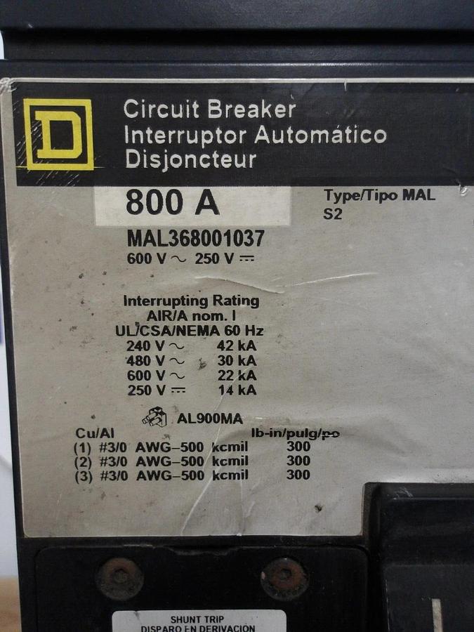Used SQUARE D 800 AMP BREAKER 600/250 V, #2211006G USED