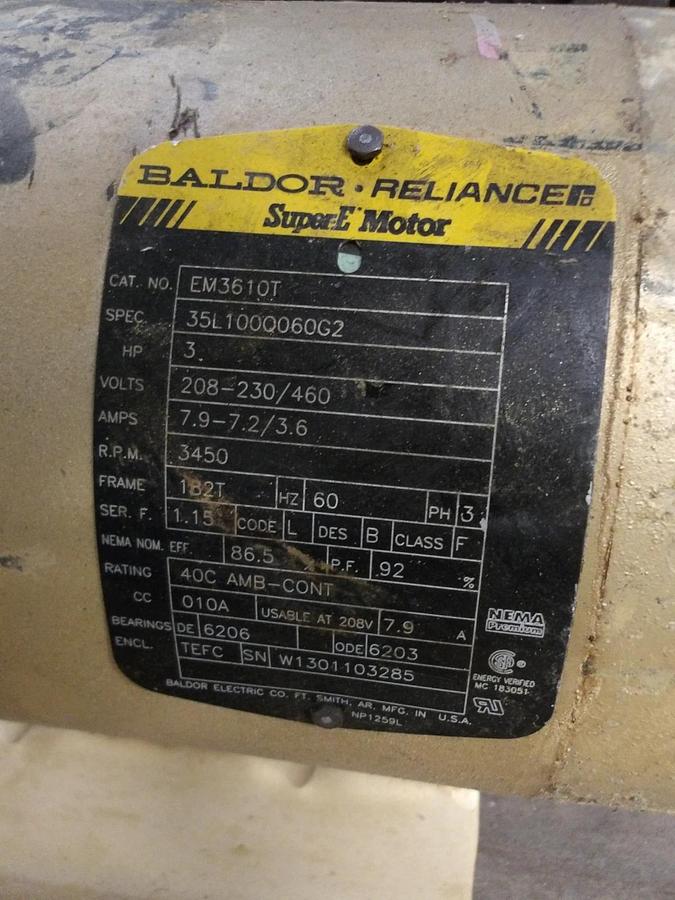 Used BALDOR RELIANCE 3 HP MOTOR, FR 182T, 3450 RPM, 208-230/460 V, #723956G USED