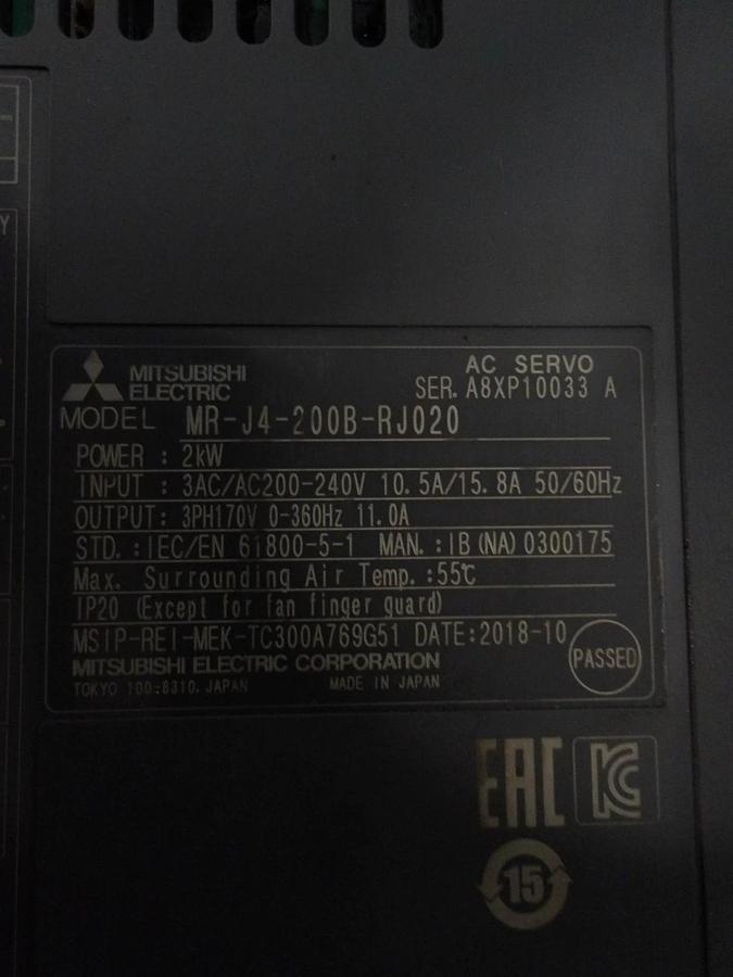 Used MITSUBISHI MELSERVO MR-J4-200B-RJ020 CONTROLLER, #12171058G USED