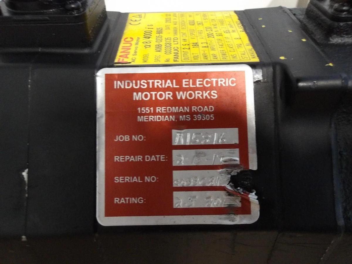Used FANUC A06B-0235-B605 AC SERVO MOTOR, 4000 RPM, #6171016G REMANUFACTURED