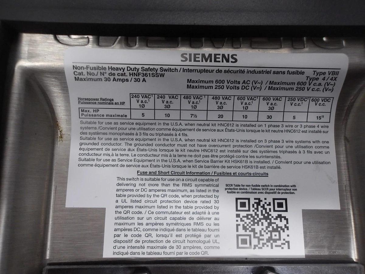 Used SIEMENS 30 AMP S/S SAFETY SWITCH 600/250 V, #716904G NEW