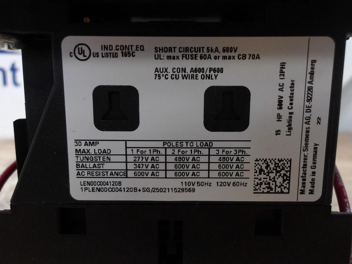 Used SIEMENS 120 A LIGHTING CONTACTOR LEN00C012120B, #617220G NEW