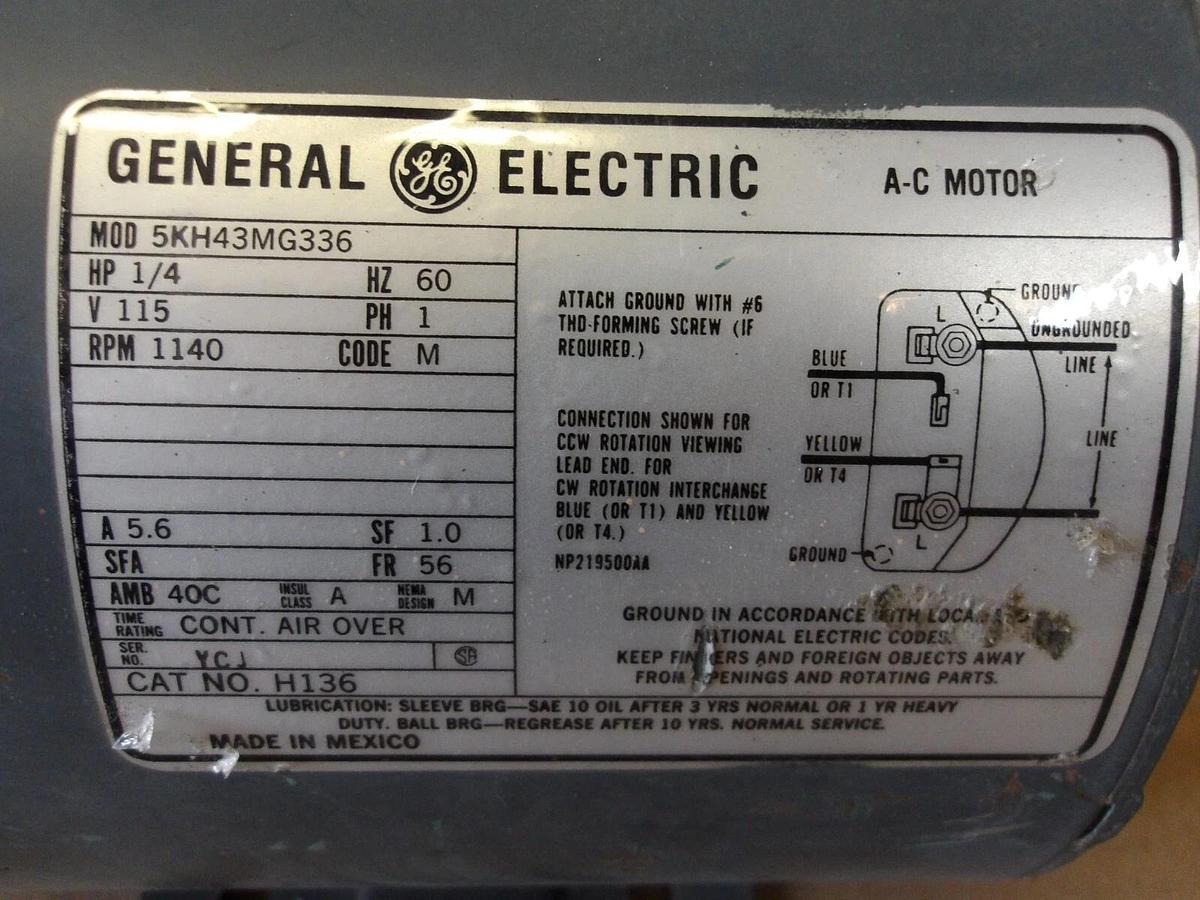 Used GENERAL ELECTRIC 1/4 HP AC MOTOR, FR 56, 1140 RPM, 115 V, PH 1, #1122915G NEW