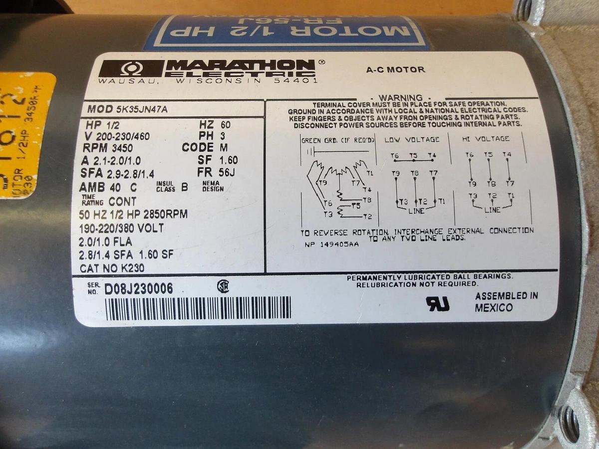 Used MARATHON 1/2 HP AC MOTOR, FR 56J, 3450 RPM, 200-230/460 V, #1014140G NEW