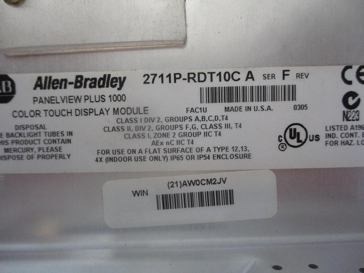 Used ALLEN BRADLEY 2711P-RDT00CA PANELVIEW PLUS 1000, #33952J USED
