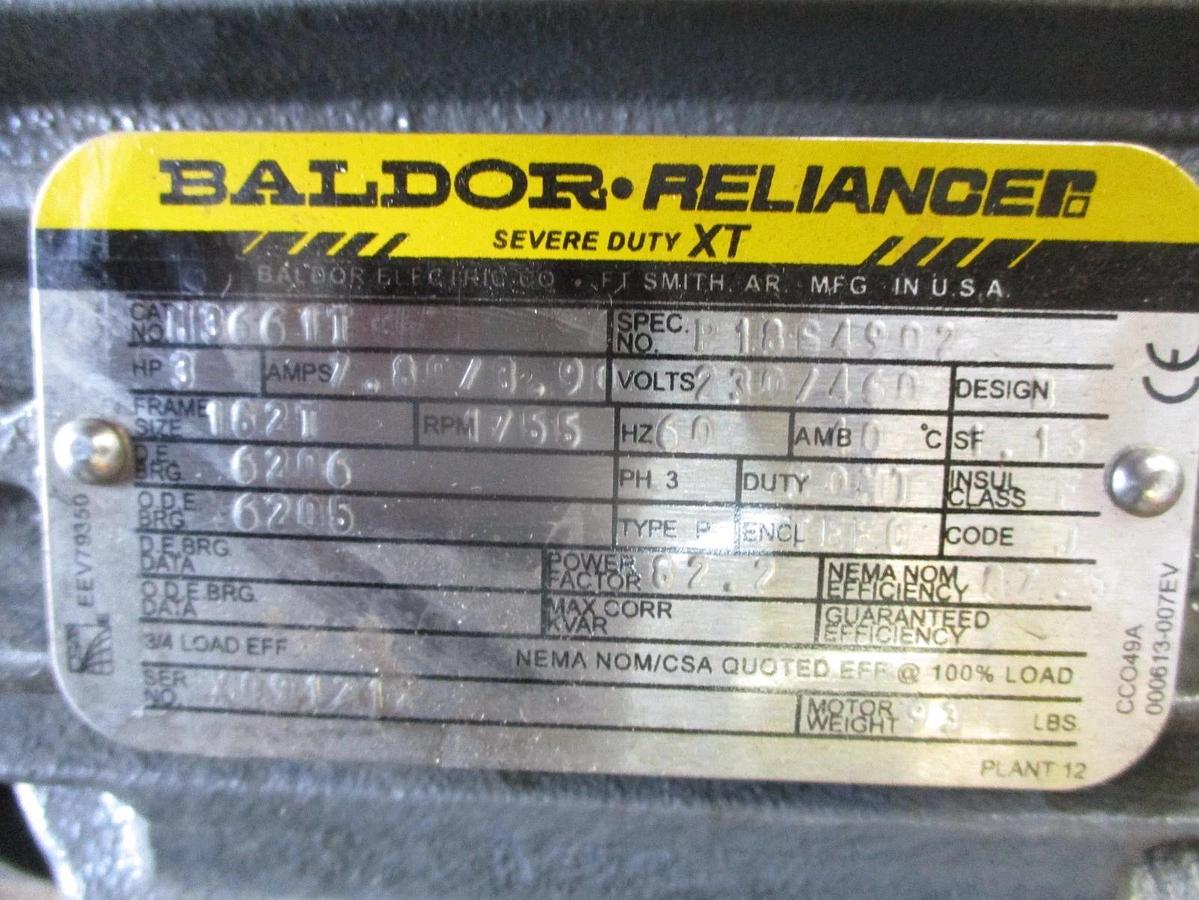 Used BALDOR RELIANCE 3 HP MOTOR, FR 182T, 230/460 V, 1755 RPM, #69942J NEW