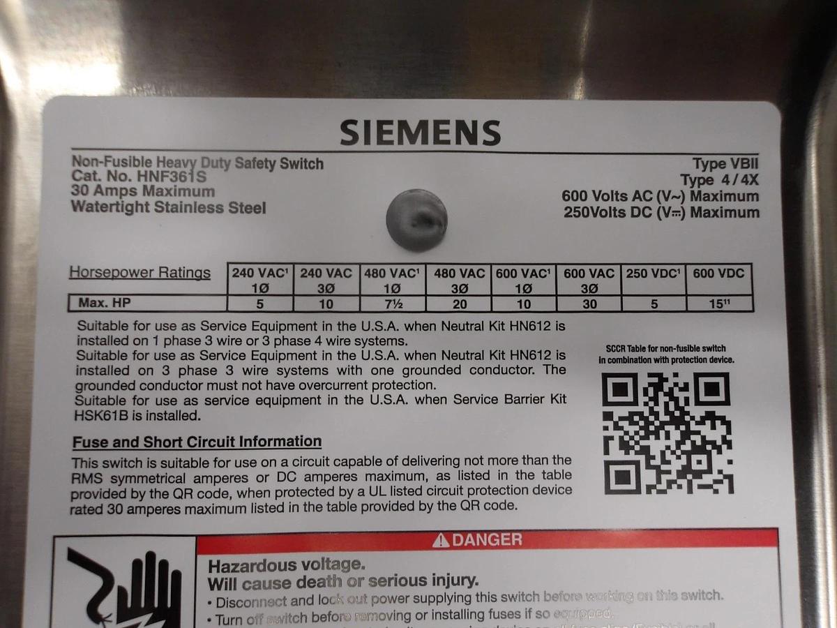 Used SIEMENS 30 AMP S/S SAFETY SWITCH 600/250 V, #715233G NEW