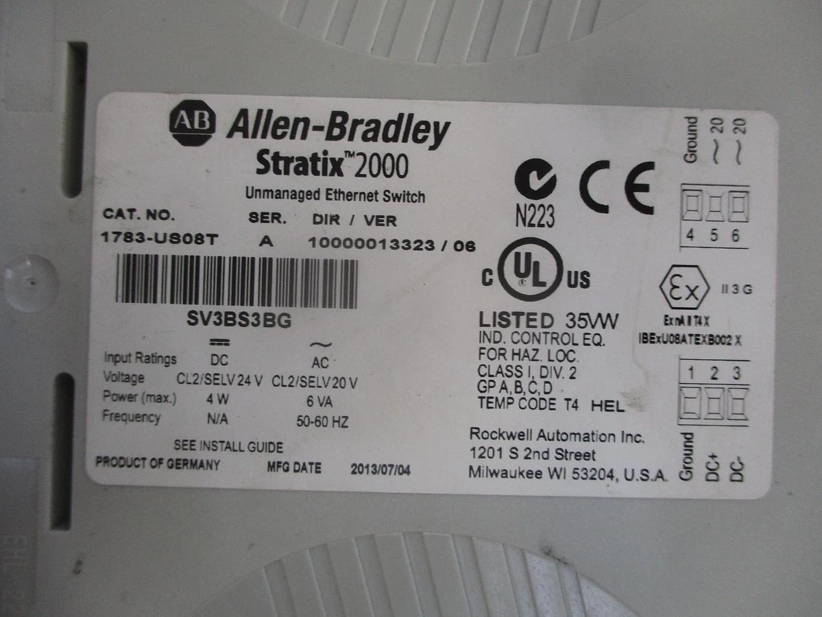 Used ALLEN BRADLEY STRATIX 2000 UNMANAGED ETHERNET SWITCH 1783-US08T, #331206J USED