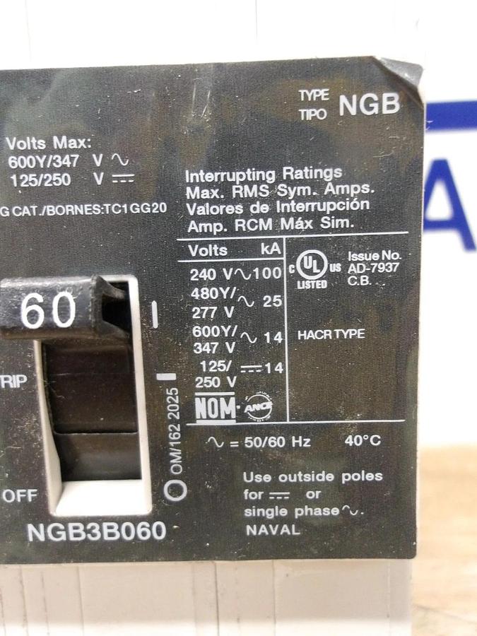 Used SIEMENS 60 AMP BREAKER 240-480/600 V, #78947G NEW
