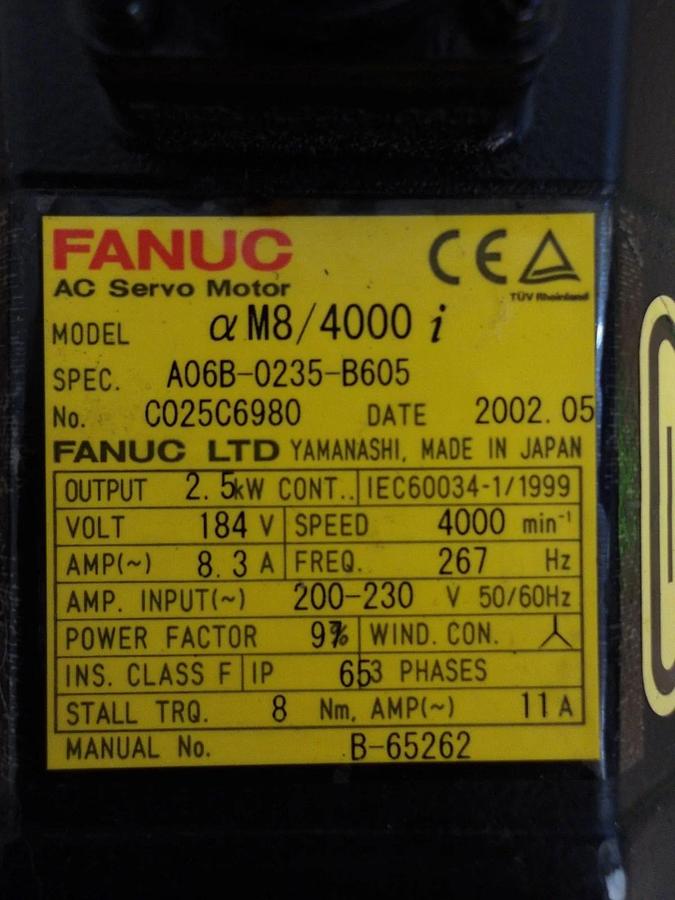 Used FANUC A06B-0235-B605 AC SERVO MOTOR, 4000 RPM, #617120G USED
