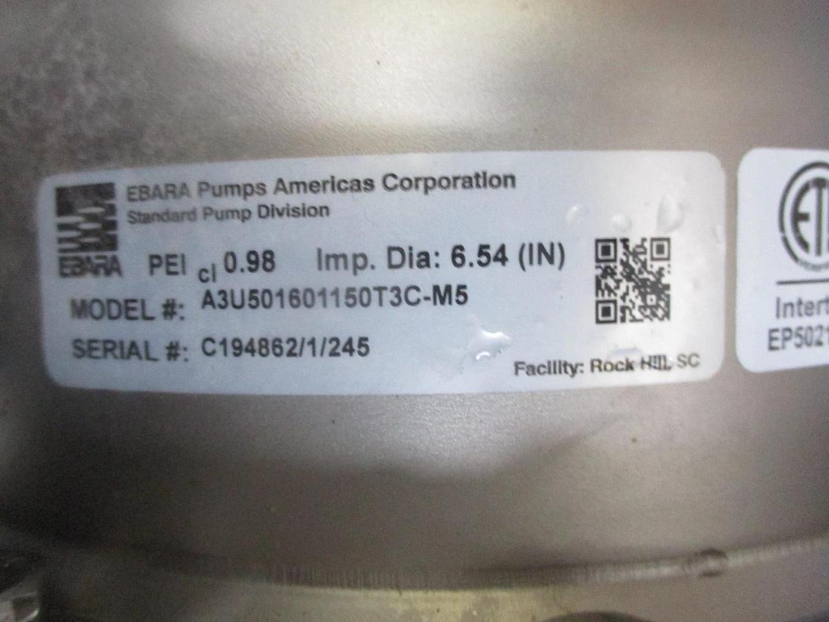 Used EBARA 2" X 2-1/2" STAINLESS 15 HP PUMP, #6121032J NEW