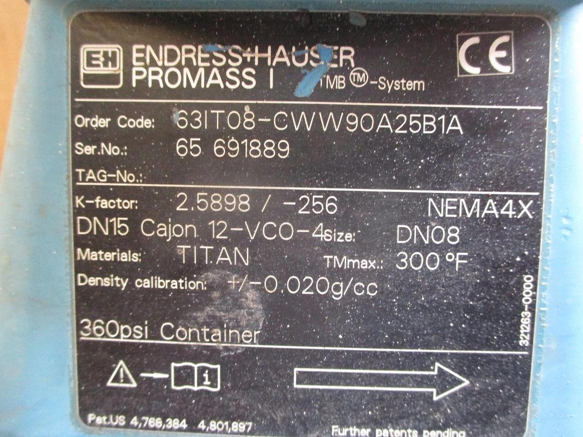 Used ENDRESS & HAUSER 63IT08 PROMASS I FLOWMETER, #418835J PARTS ONLY