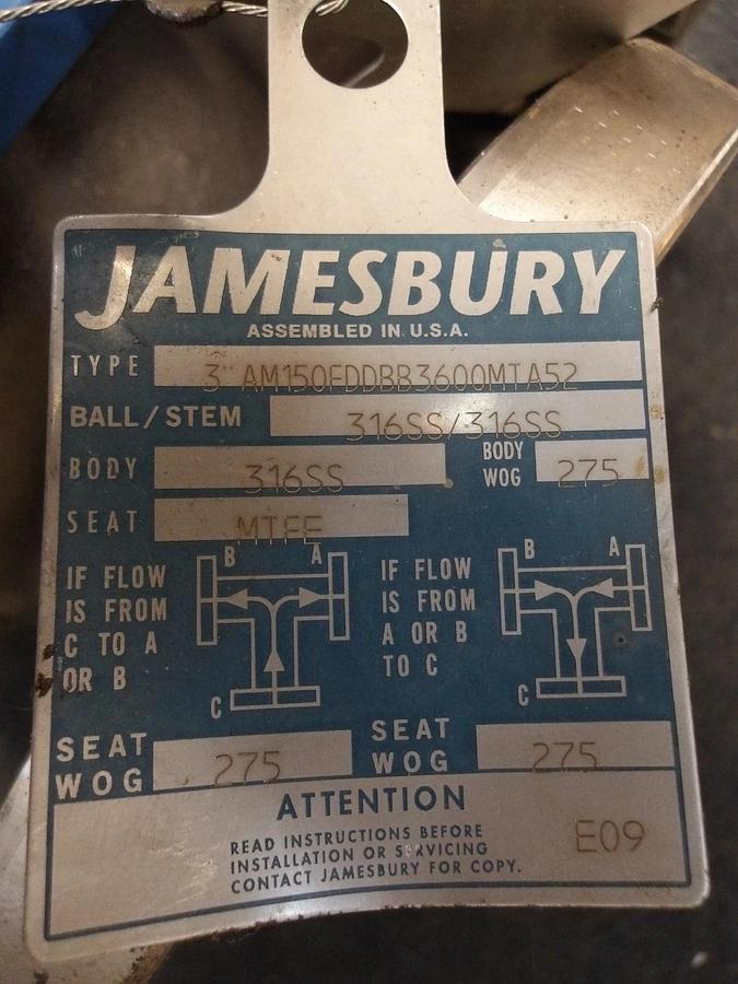 Used JAMESBURY 3" 3-WAY S/S BALL VALVE, #54134G NEW