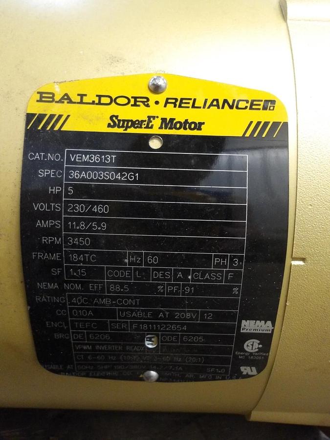 Used BALDOR RELIANCE 5 HP MOTOR, FR 184TC, 3450 RPM, 230/460 V, #725913G USED