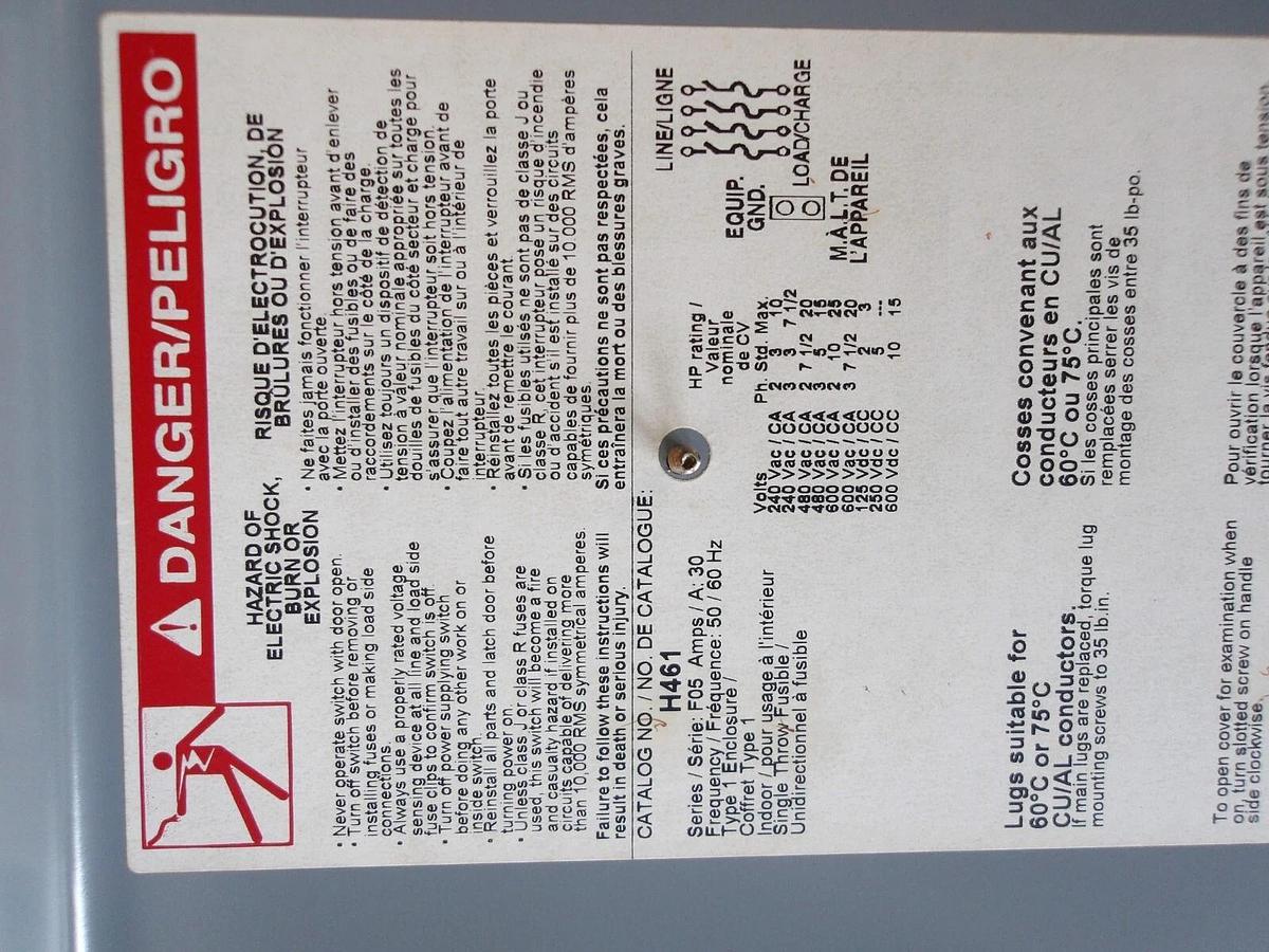 Used SQUARE D 30 AMP SAFETY SWITCH H461, #621944G NEW