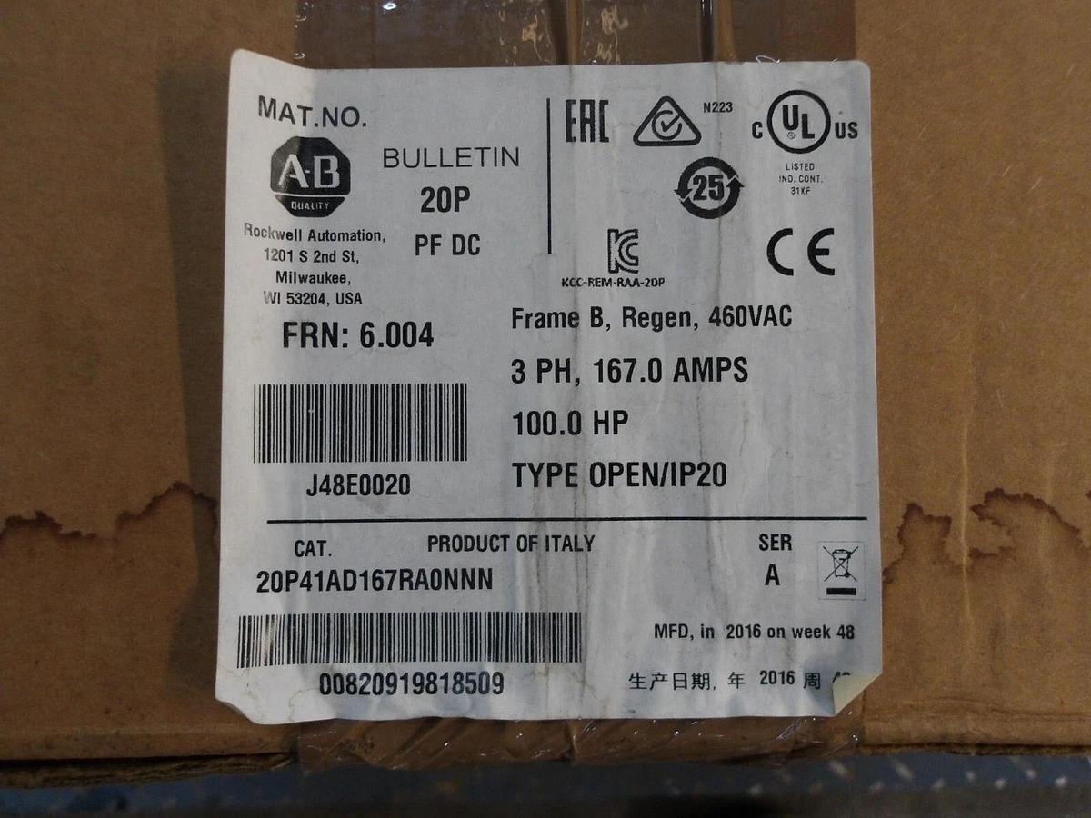 ALLEN BRADLEY 100 HP DC POWERFLEX 20P41AD167RA0NNN, #317320G NIB
