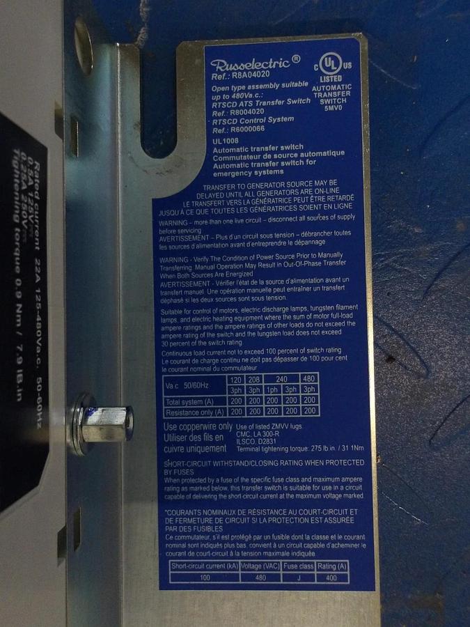 Used RUSSELECTRIC RTSCD TRANSFER SWITC R8A04020, 200 AMP, #122245G PARTS ONLY