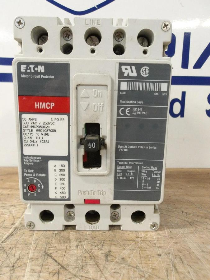 Used EATON 50 AMP BREAKER, 600VAC/250VDC, #6291053G USED