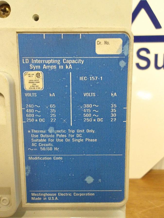 Used WESTINGHOUSE 500 AMP BREAKER 600 VAC, 3 POLE, #2211214G NEW