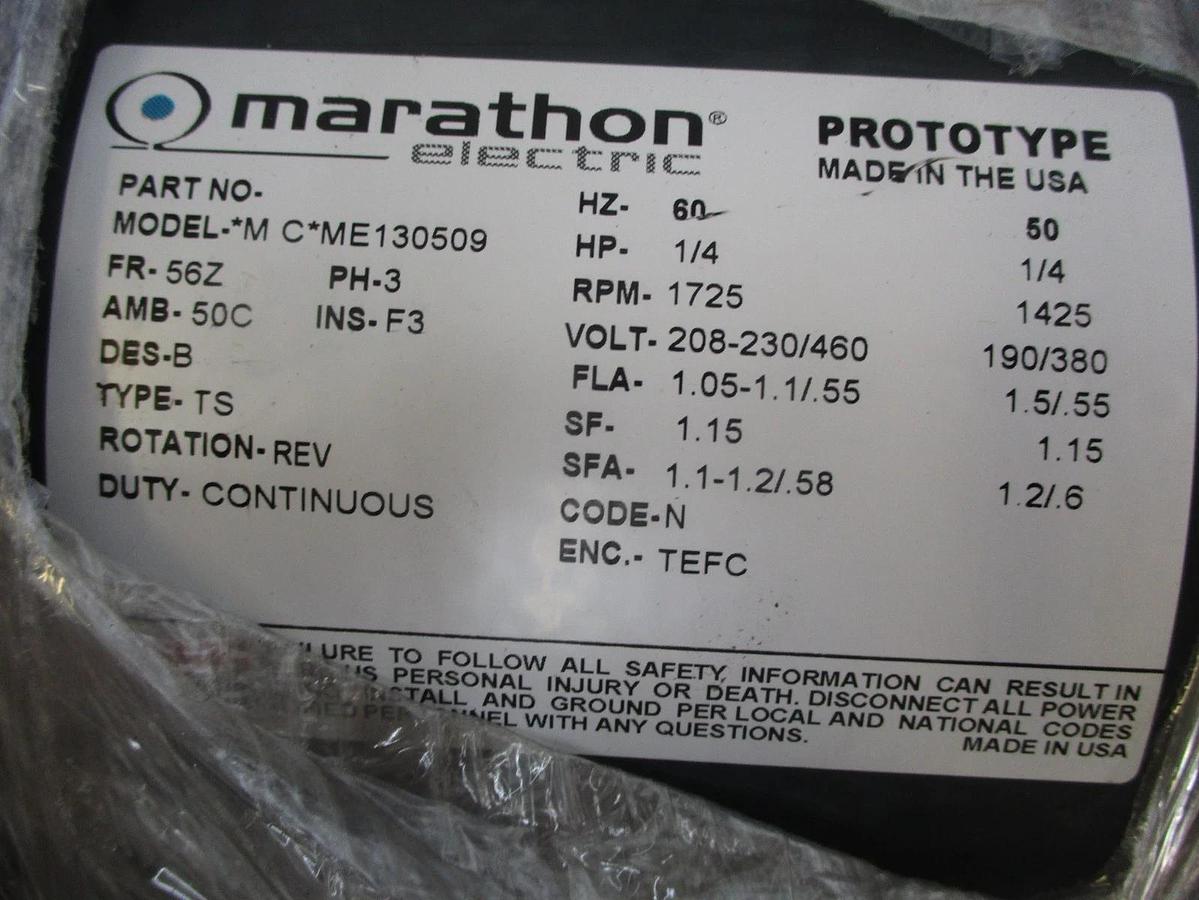 MARATHON 1/4 HP MOTOR, FR 56Z, 1725 1425 RPM, #69259J NIB
