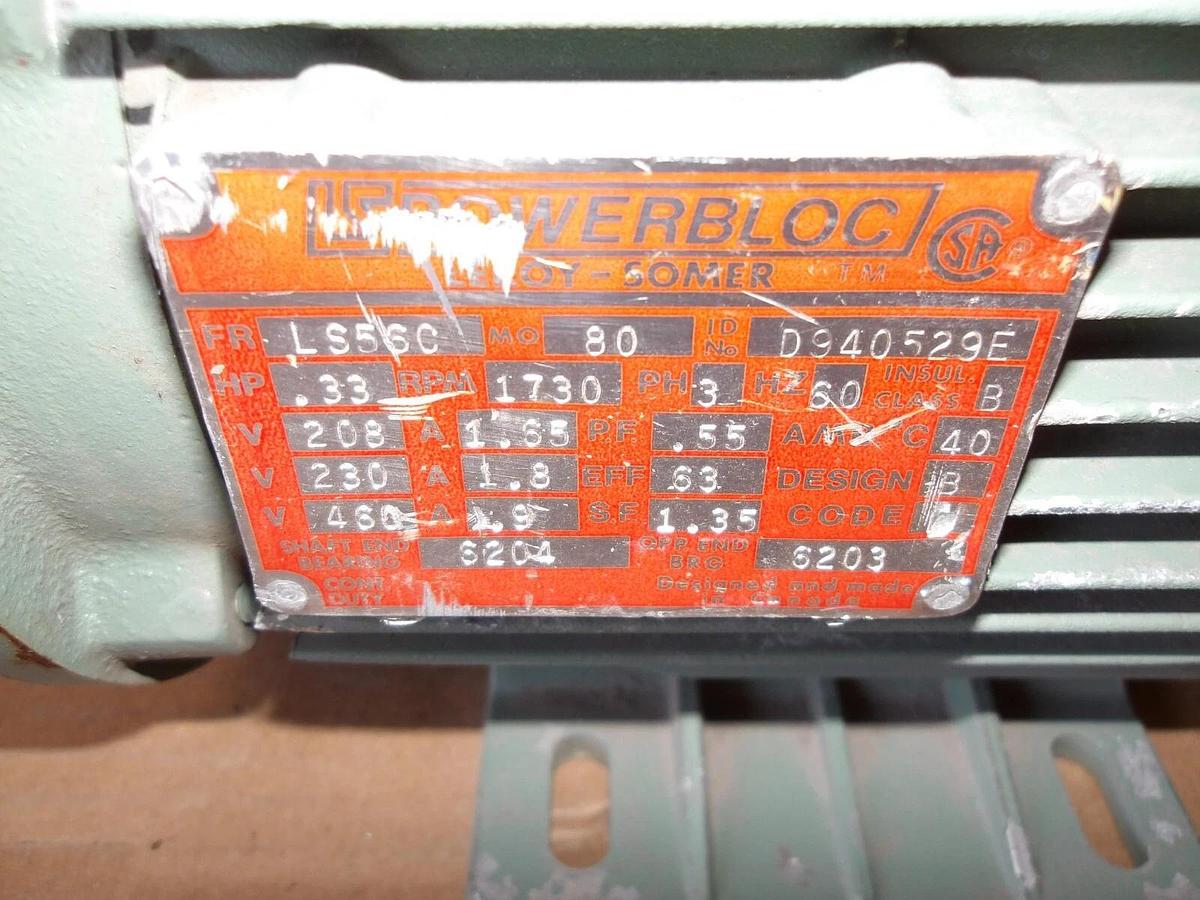 Used LEROY - SOMER POWERBLOC .33 HP MOTOR, FR LS56C, 1730 RPM, #1126110G USED
