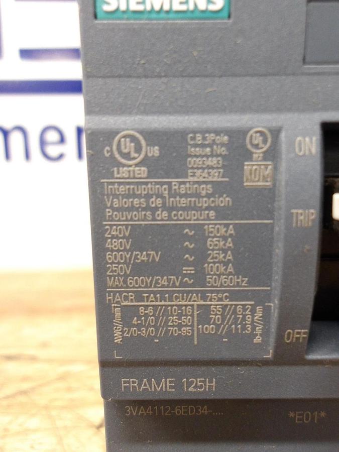 SIEMENS 125 AMP BREAKER 3VA4112-6ED34, #1126845G NIB