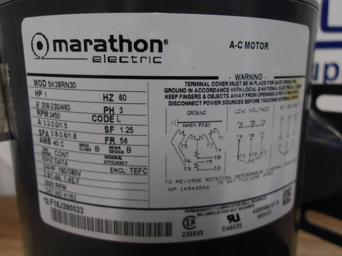 Used MARATHON 1 HP AC MOTOR, FR 56, 3450 RPM, 208-230/460 V, #7151003G USED