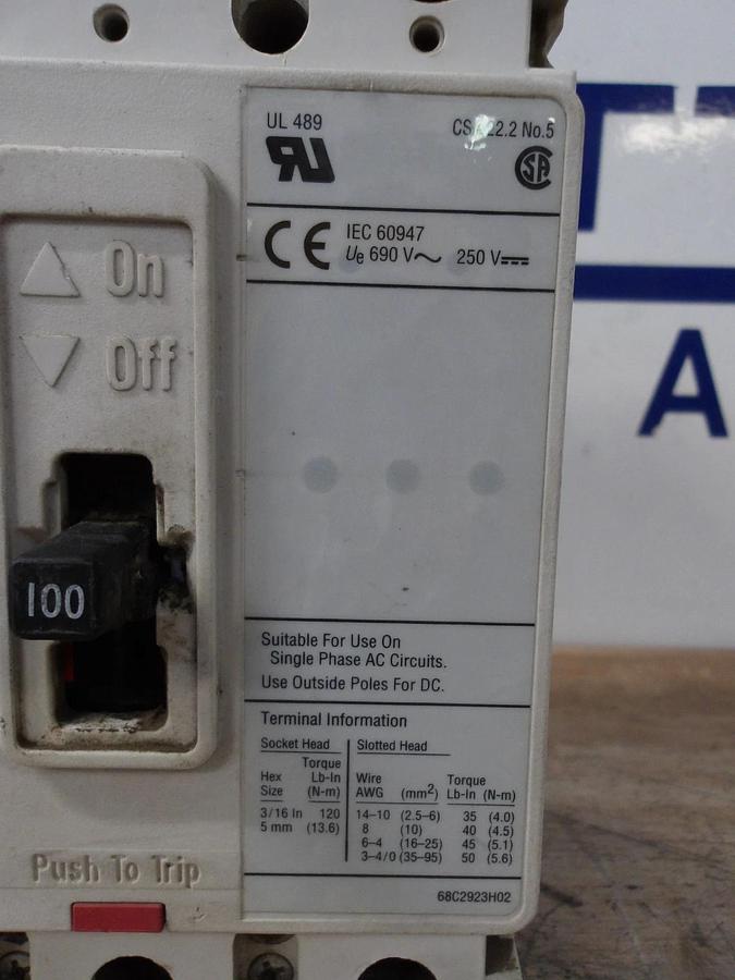 Used ALLEN BRADLEY 100 AMP BREAKER 600VAC/250VDC, #629257G USED