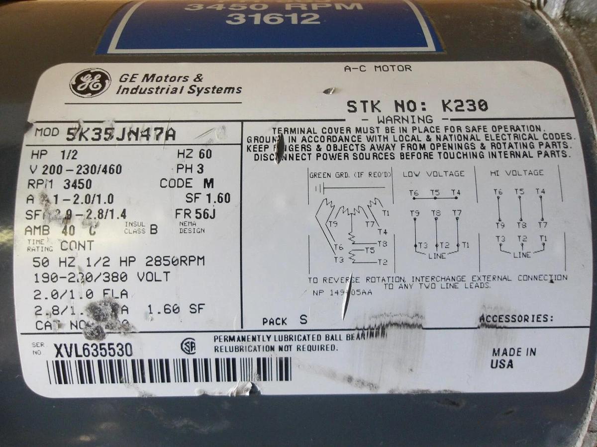 Used GE 1/2 HP MOTOR, FR 56J, 3450 RPM, 200-230/460 V, #1141004G USED