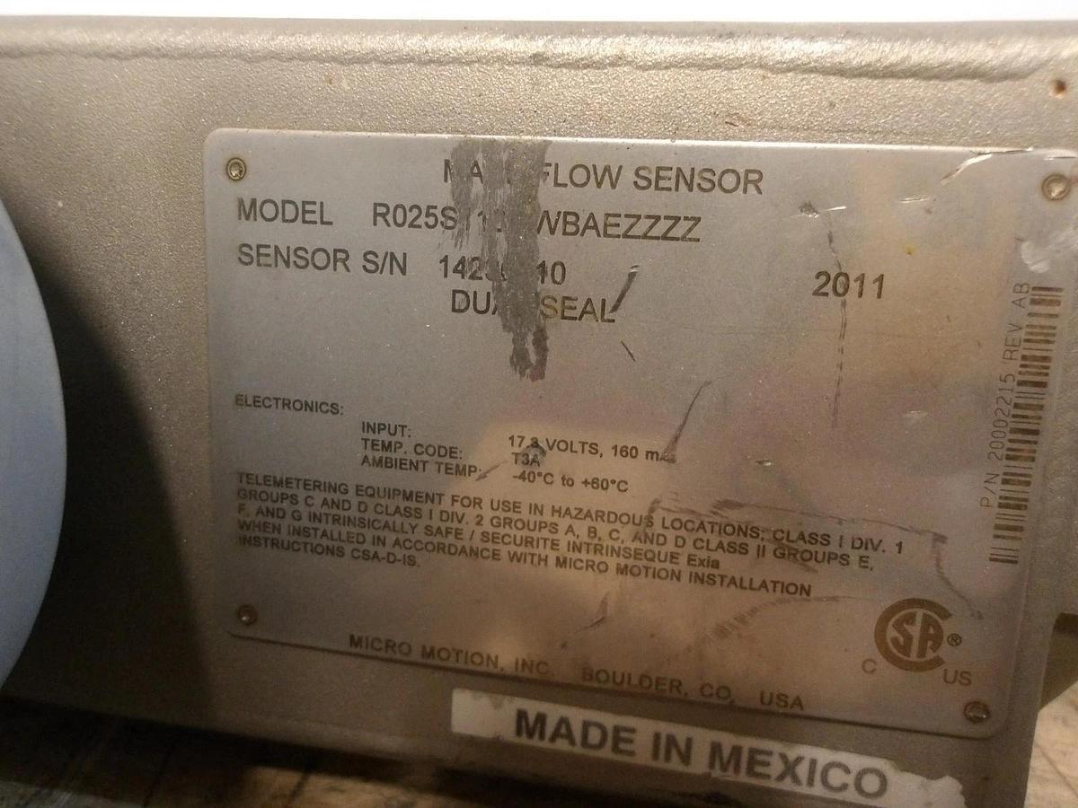 Used MICROMOTION R025S113NWBAEZZZZ MASS FLOW SENSOR, #8221121G USED