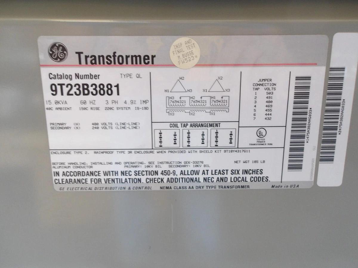 Used GE 9T23B3881 TRANSFORMER 15 KVA, #9101115G NEW